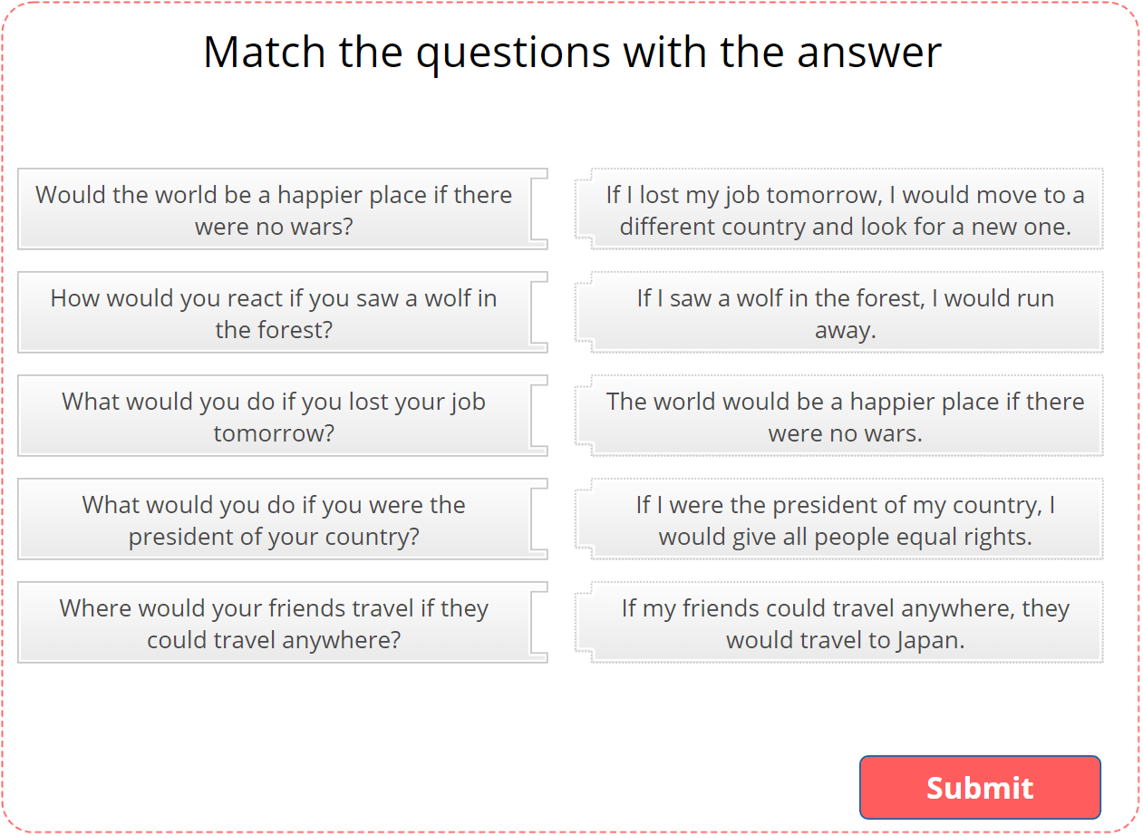 Grammar Practice, Match the questions with the answers, Drag and drop interactive